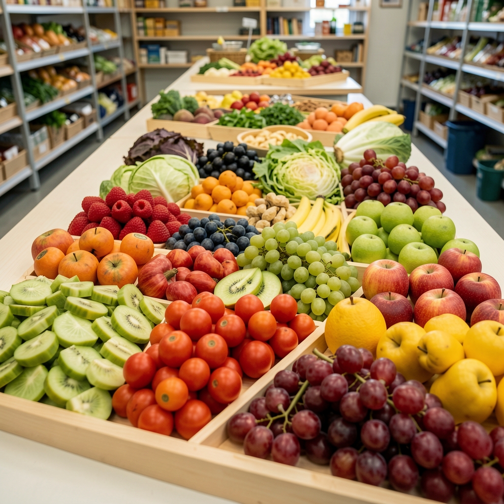 Широки панел свежег поврћа и воћа поређаних по боји на светлом тезгару — визуелни преглед природних намирница у едукативном контексту