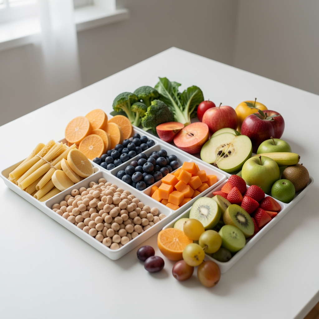 Различите групе намирница — житарице, бобовице, поврће и воће распоређене у геометријске секције на белом столу, едукативни приказ нутритивних категорија