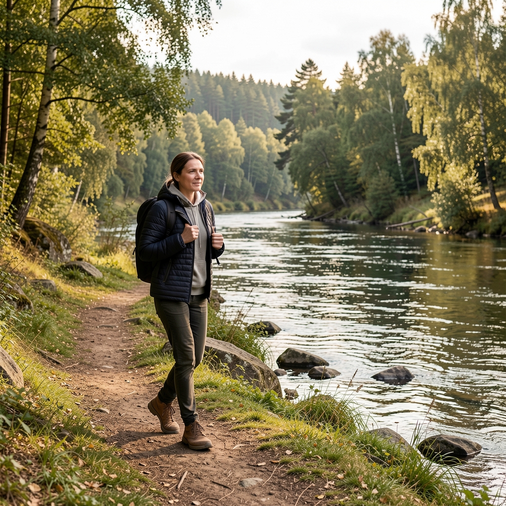 Особа у лакој рекреативној шетњи поред реке у природном окружењу, документарни стил без спортских реквизита, мирна атмосфера