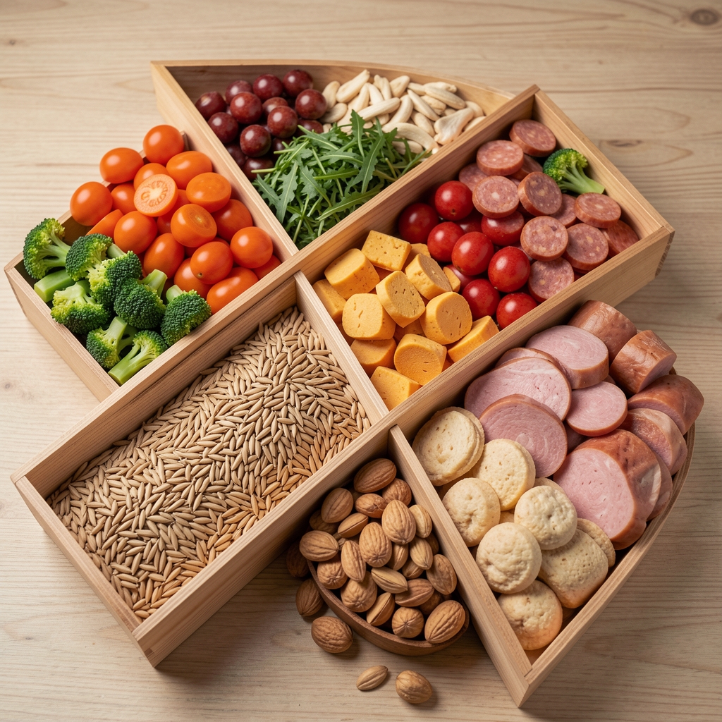 Тањир са различитим врстама намирница хармонично распоређених у геометријске секције — интегрална комбинација поврћа, житарица и протеинских извора