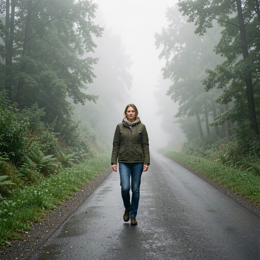 Особа мирно шета по шумском путу у јутарњој магли, окружена зеленом природом, снимљено документарним стилом без комерцијалног контекста