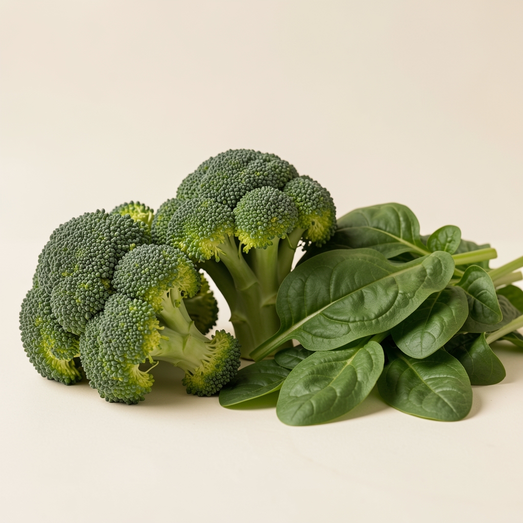 Низ свежег зеленог поврћа — броколи, шпинат и бундева на светлој позадини са природним текстурама