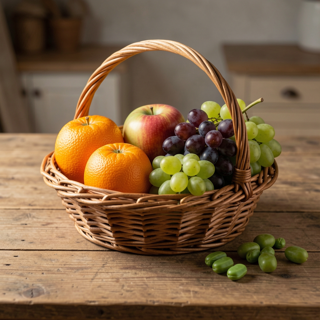 Колекција тропског и умереноклиматског воћа — поморанџе, јабуке, грожђе и бобице у плетеној корпи на природном дрвеном столу